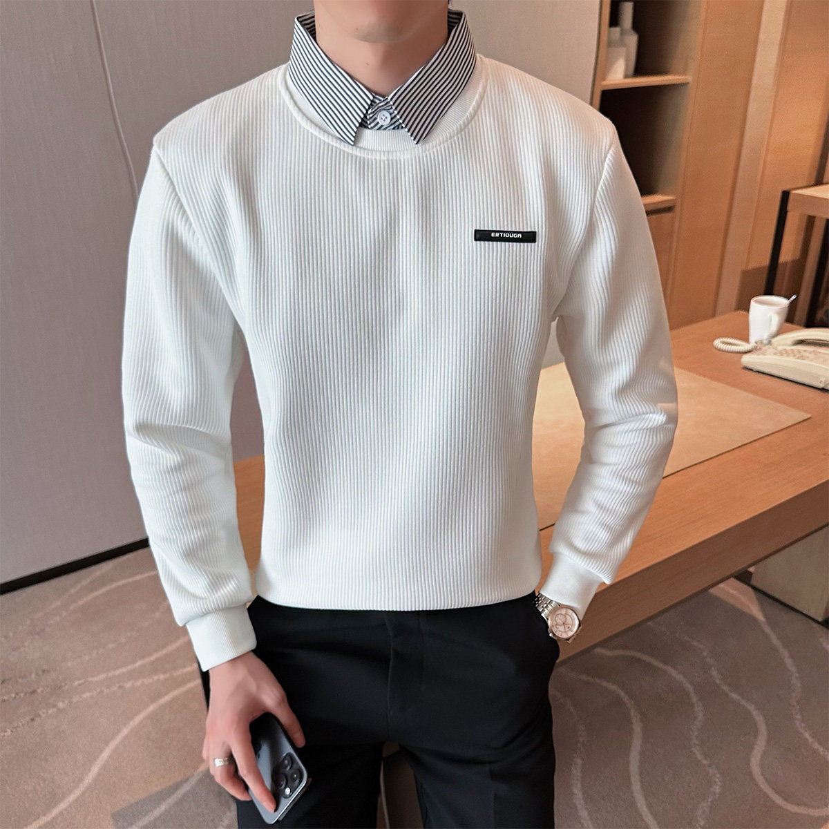 2025秋装新款男士假两件衬衫领毛衣纯色打底针织衫401B-MY61-P80,男装衬衫,星座401B（原A431）