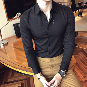 2025秋装胸前十字绣花长袖衬衫男修身衬衣 A431/1013/P65,男装衬衫,星座401B（原A431）