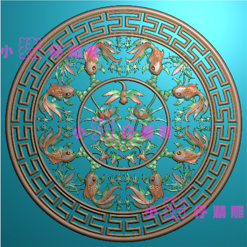 精雕图8八鱼戏莲花浮雕图JDP 荷花鱼圆形挂扁 521软件 BMP图
