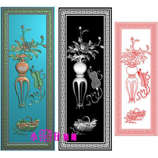 牡丹富贵葡萄扇子图精雕图JDP浮雕图521软件BMP灰图 回纹边框