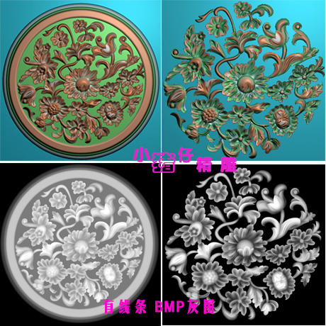 精雕图圆形牡丹洋花门花大花圆盘贴花JDP浮雕图521软件BMP灰图