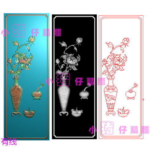 牡丹花开富贵如意瓶花瓶精雕图围板背板浮雕图JDP软件521 BMP灰图