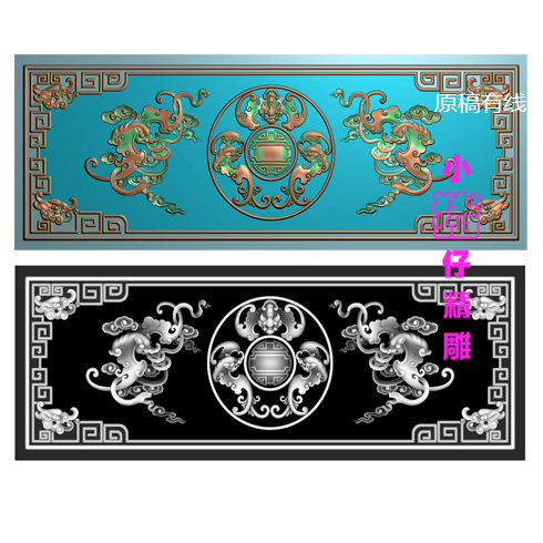 精雕图四角草龙五福捧寿围板JDP五蝙蝠浮雕图521软件图BMP