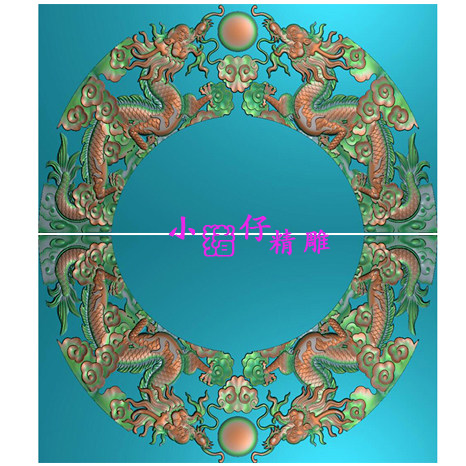 环形圆形对称双龙戏珠对龙四龙精雕图JDP浮雕图521软件素材雕刻图