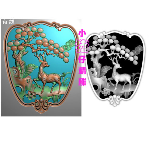 福鹿寿喜松鹤花鸟图精雕图JDP浮雕图521软件BMP灰图