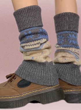 SUPPER 花花 费尔岛色系复古纯色秋冬细竖条纹雪花圣诞腿套女