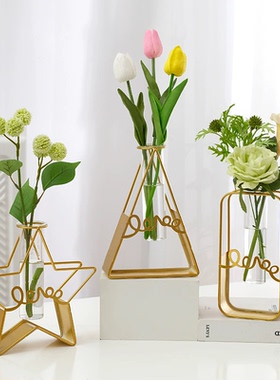 简约铁艺几何形水培容器试管花瓶插花摆件书房客餐厅办公室装饰品