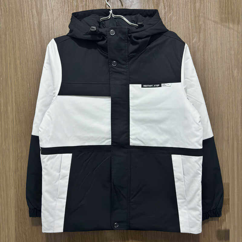 特步正品冬休闲拼色连帽薄棉衣青年潮流男运动棉外套978429170221