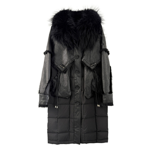 翻领兔毛内胆鹅绒服宽松阔版 女皮毛一体外套大貉子毛领中长款 冬季