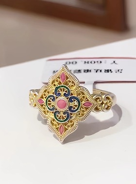 Yanxi燕禧「花春宴」新款珐琅国风新中式足银999.9轻奢百搭戒指纯