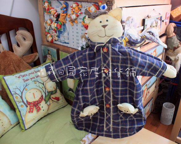 外贸出口古董美式乡村布艺手工蓝格子猫咪布袋子衣架玩偶娃娃挂件