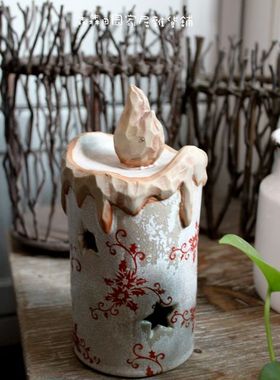 外贸出口彩绘陶瓷做旧仿木雕刻圣诞节蜡烛烛台儿童房家居装饰摆件