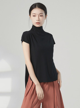前短后长黑色高领短袖宽松现代舞蹈服装成人日常可穿练功服上衣女