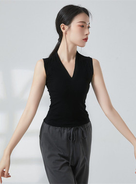 夏季黑色v领无袖形体服现代舞拉丁舞蹈服装成人练功服上衣女背心