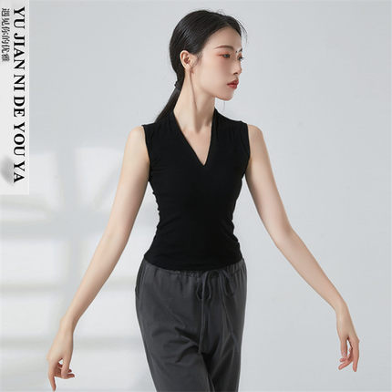 夏季黑色v领无袖形体服现代舞拉丁舞蹈服装成人练功服上衣女背心