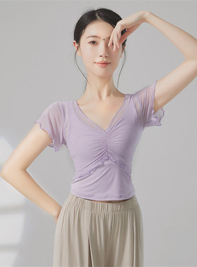 假两件夏季短袖网纱衣形体服现代舞中国舞古典舞蹈服练功服上衣女