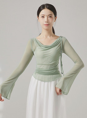 绿色荡领喇叭袖中国舞古典舞蹈服装练功服演出服上衣女飘逸网纱衣