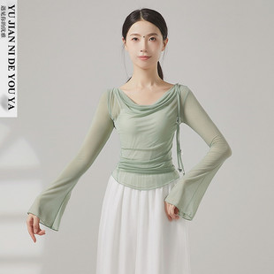 绿色荡领喇叭袖中国舞古典舞蹈服装练功服演出服上衣女飘逸网纱衣