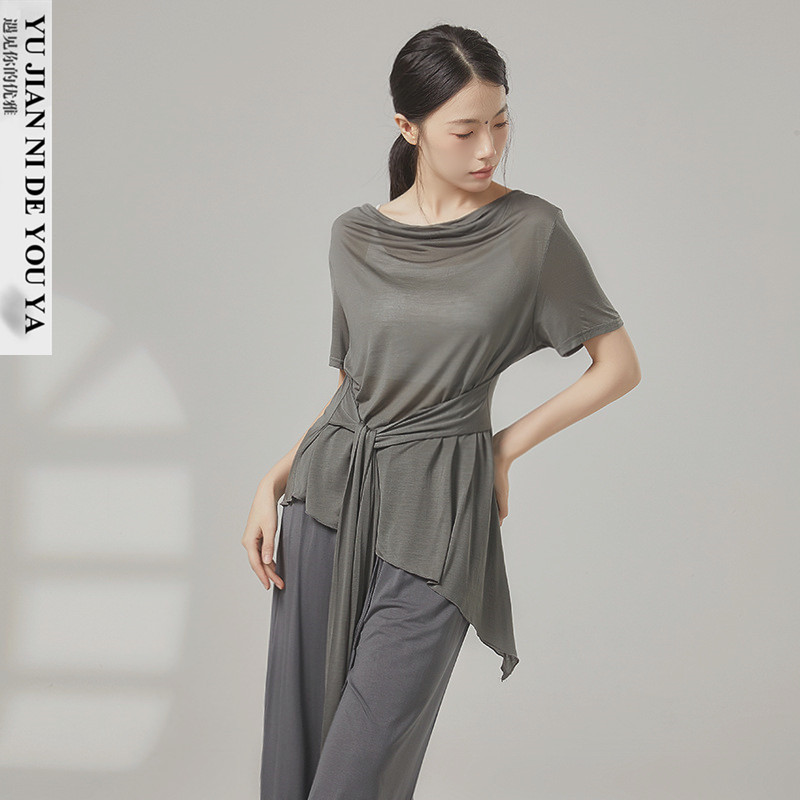 一字肩荡领系带收腰夏季短袖现代舞蹈服装成人练功服上衣女款新款