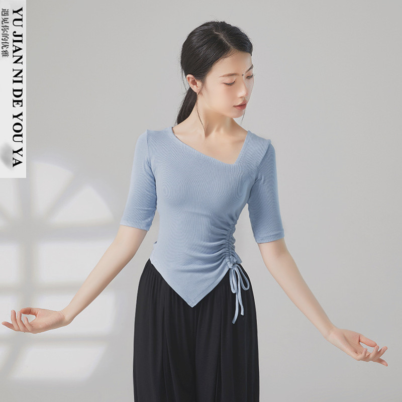 2025新款斜肩v领抽绳不规则形体服现代舞蹈服成人练功服上衣女款