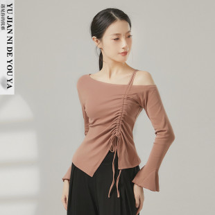 纯棉斜露肩抽绳喇叭袖现代舞中国舞古典舞蹈服练功服上衣女款新款