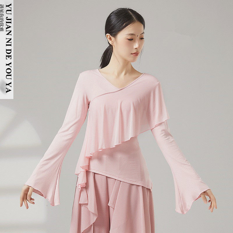 荷叶边网纱中袖喇叭长袖现代舞服中国舞古典舞蹈服装练功服上衣女