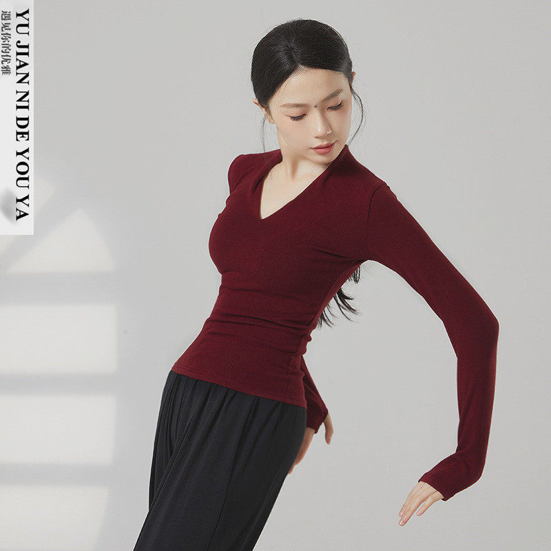 秋冬季v领形体服现代舞拉丁舞蹈服装成人专用练功服上衣女款新款