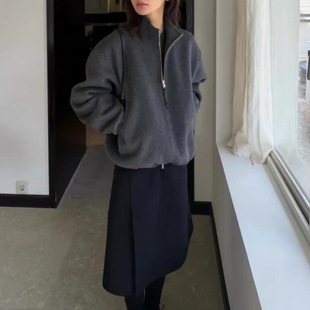 现货 静奢风羊毛双面呢立领夹克宽松松紧下摆短款羊毛外套女秋季