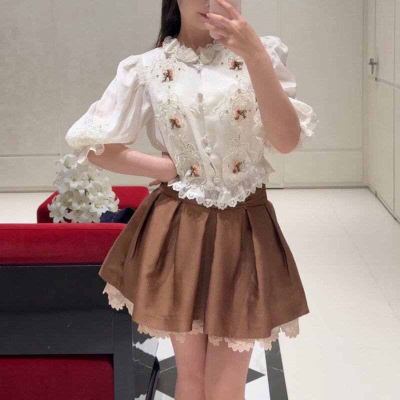 现货 2026法式蕾丝刺绣蝴蝶结衬衫女夏季宫廷风泡泡袖温柔上衣