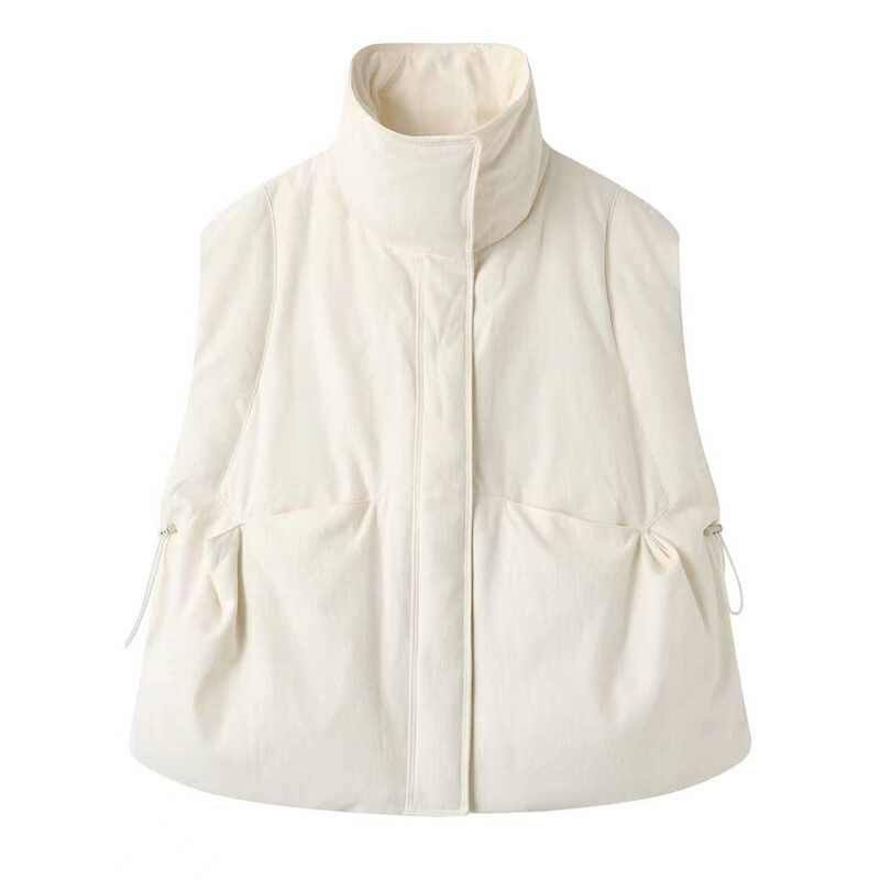 外贸女装时尚立领米白色无袖休闲