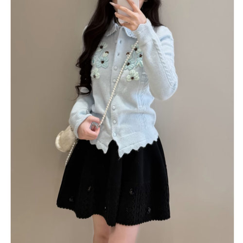现货 浅蓝色洛可可立体钩花娃娃领针织开衫外套女秋季新款