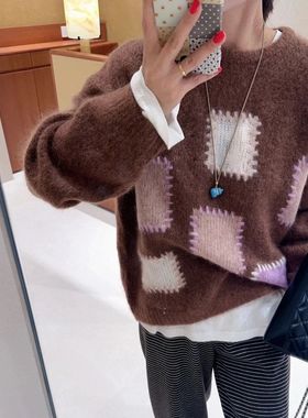 现货 拼色方块毛衣撞色贴布设计宽松慵懒风温柔系针织衫女冬I2111