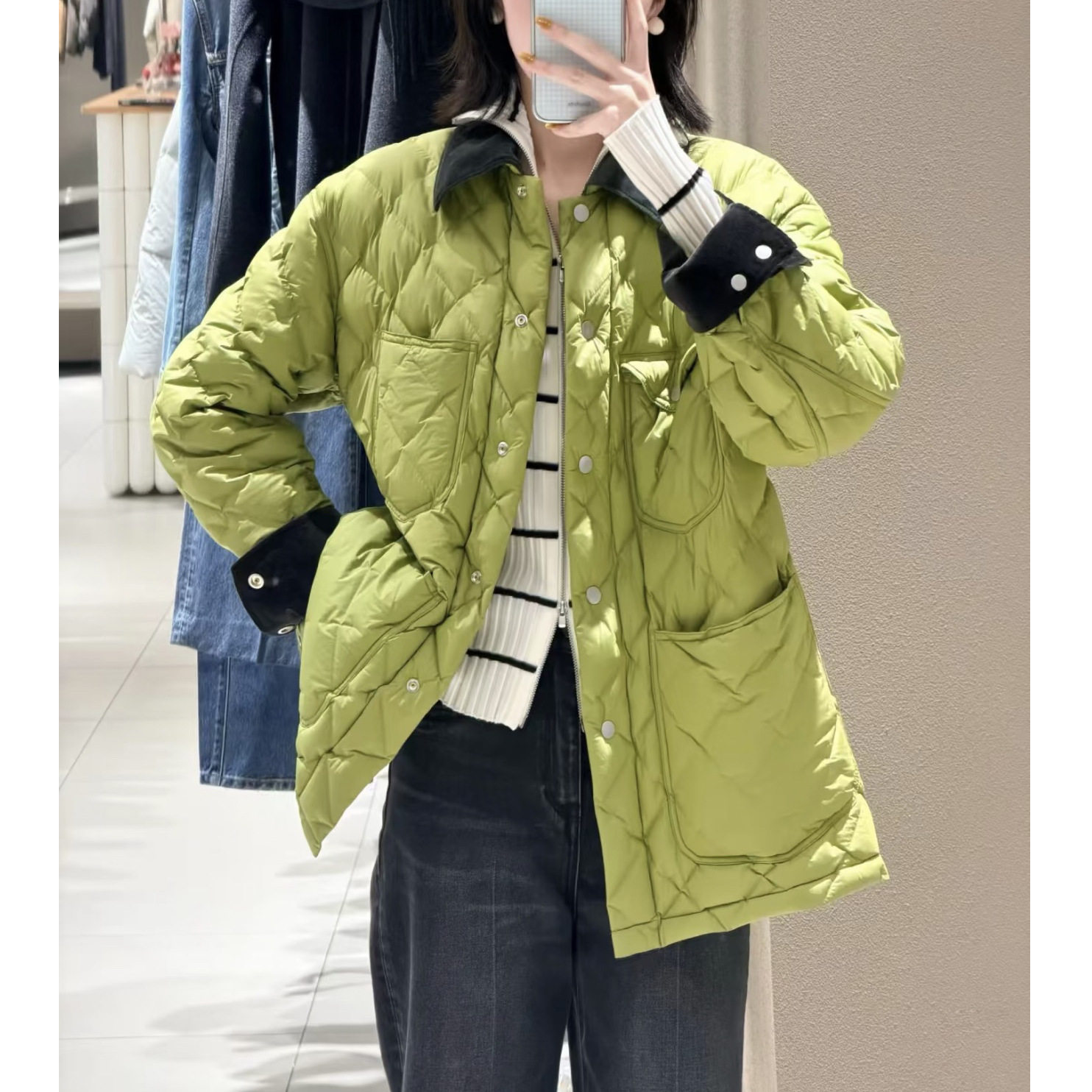 现货 2026灯芯绒翻领菱格轻薄羽绒服宽松中长款衬衫式外套女冬