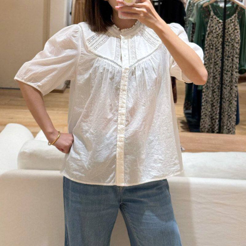 现货 2026轻奢风春季法式纯色短袖镂空刺绣棉质泡泡袖衬衫女上衣