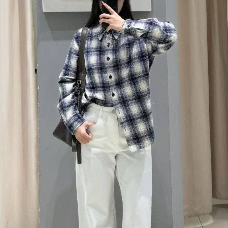 现货2026春款复古磨毛格子衬衫女长袖翻领休闲百搭衬衣外套上衣,女装/女士精品,衬衫,淘宝优惠券,粉丝福利购,淘宝优惠卷