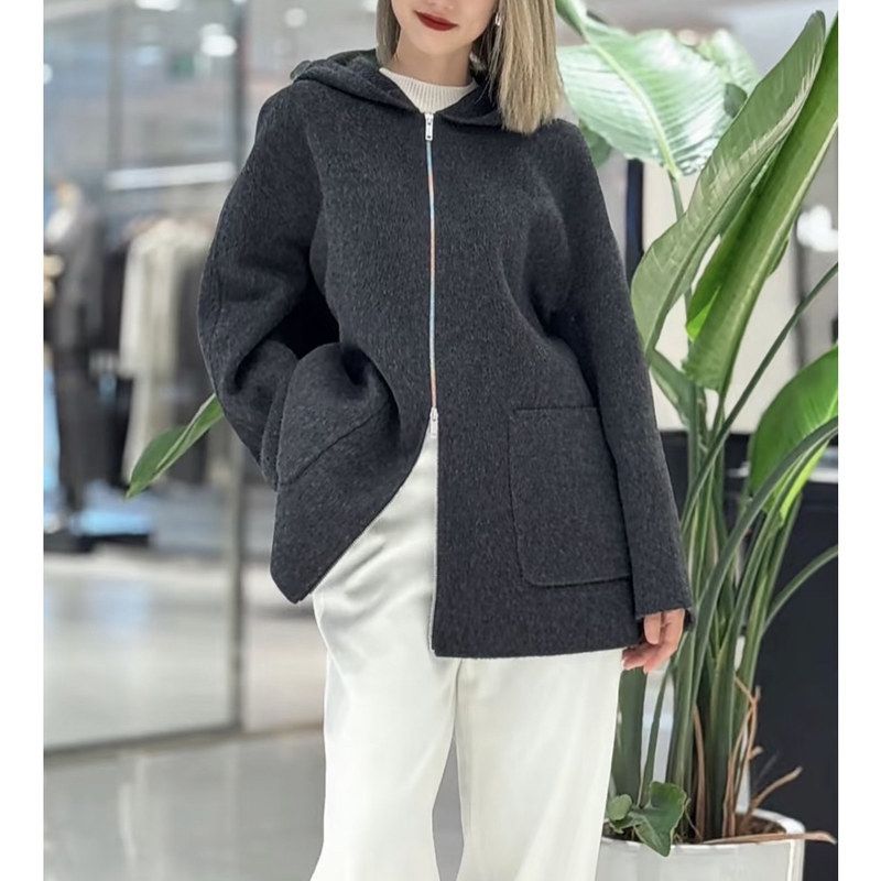 现货 深灰色连帽毛呢外套女宽松中长款秋冬大口袋呢子大衣MM1988