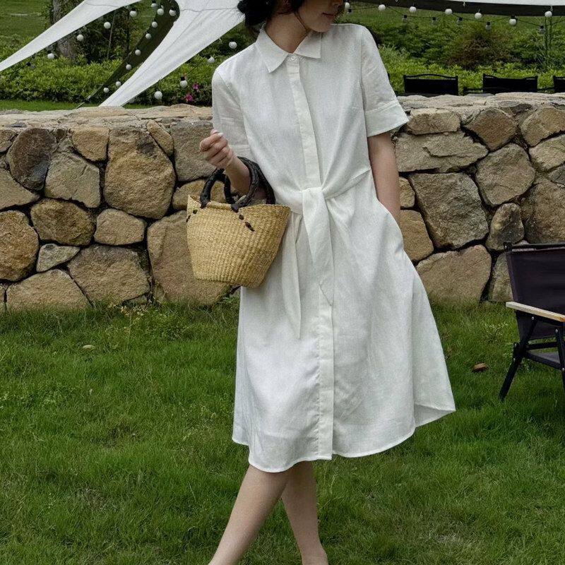 现货 100%亚麻收腰衬衫连衣裙女夏季系带收腰显瘦气质短袖中长裙