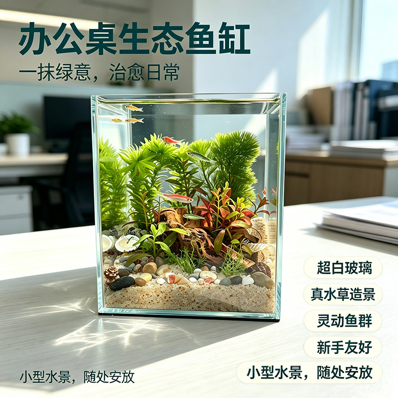 生态瓶办公桌微景观小鱼缸免打理生态鱼缸水草小鱼缸斗鱼生态缸