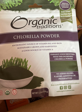 美国Organic Traditions Chlorella Powder有机破壁小球藻粉150g