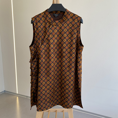 国风新中式 真丝香云纱 花笺如意无袖斜襟盘扣中长款背心上衣衬衫