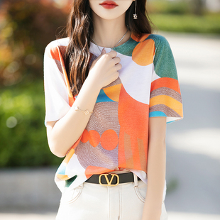 新款 打底衫 女圆领时尚 宽松短袖 马家印花桑蚕丝针织毛衣半袖 夏季