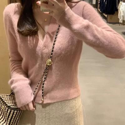 时尚V领100纯羊毛针织开衫女春