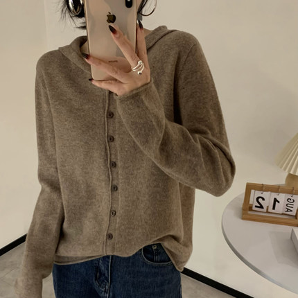 2024年秋冬新款纯羊毛衫连帽开衫外搭女宽松帽衫羊绒针织卫衣上衣