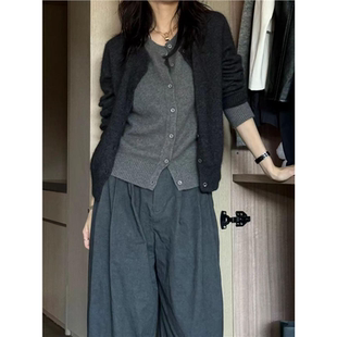 100%美丽诺羊毛开衫女秋冬灰色假两件针织衫高级感老钱风毛衣外套