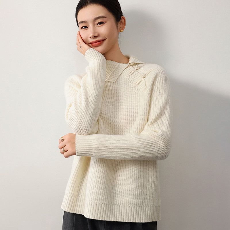 新中式侧翻领100%纯羊毛衫女套