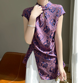 短袖 女无袖 提花开叉上衣纯色半袖 真丝缎面醋酸立领国风新中式 夏季