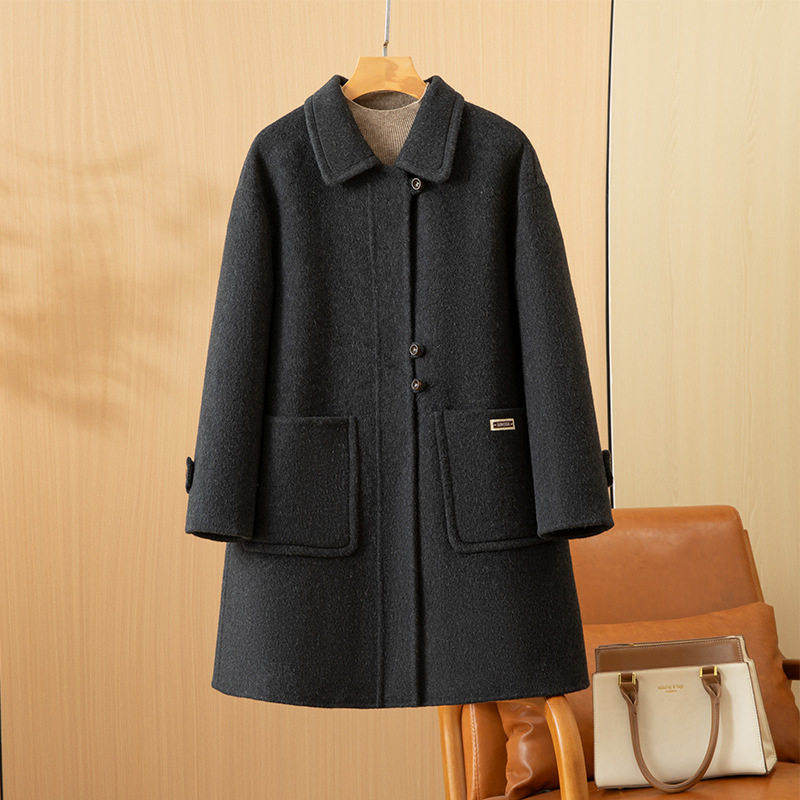 温暖呵护！秋冬新款韩版时尚宽松纯色中长款双面羊绒毛呢外套大衣