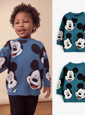 现货NEXT英国男童装正品秋冬男宝蓝色卡通米奇米老鼠针织衫毛衣