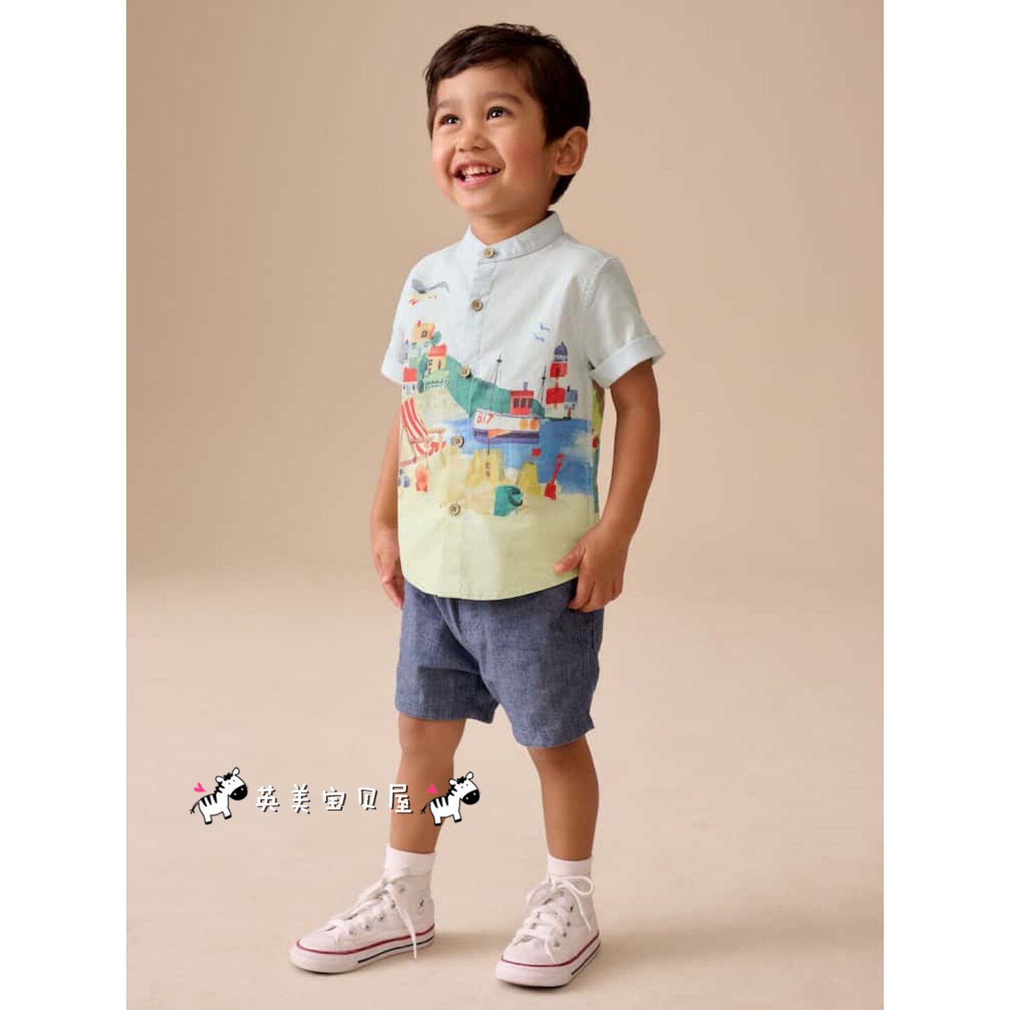 NEXT英国男童装正品26夏男宝蓝色卡通海港轮船棉麻短袖衬衣衬衫