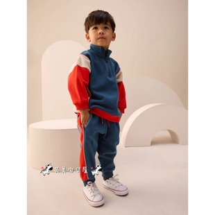 NEXT英国男童装正品26春男宝红白蓝色拼接拉链立领卫衣运动裤套装